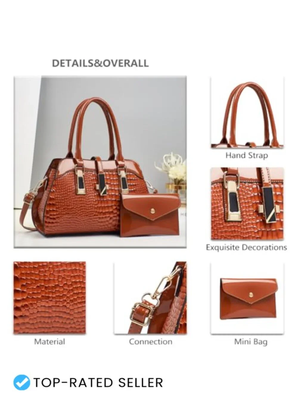 Women's Top-Handle PU Leather Satchel Tote Bag with Zipper, Medium